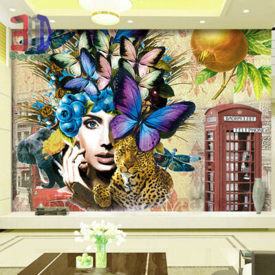 női fej pillangókkal,  leopárdal selyem tapéta